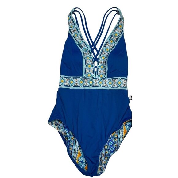 La Blanca Sz 4 Swimsuit Reversible One Piece Blue Mosaic UPF 50+ Boho Retro - Picture 7 of 9